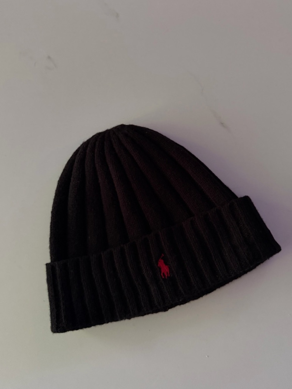 Ralph Lauren Black Rib Knit Cuffed Beanie with Red Pony